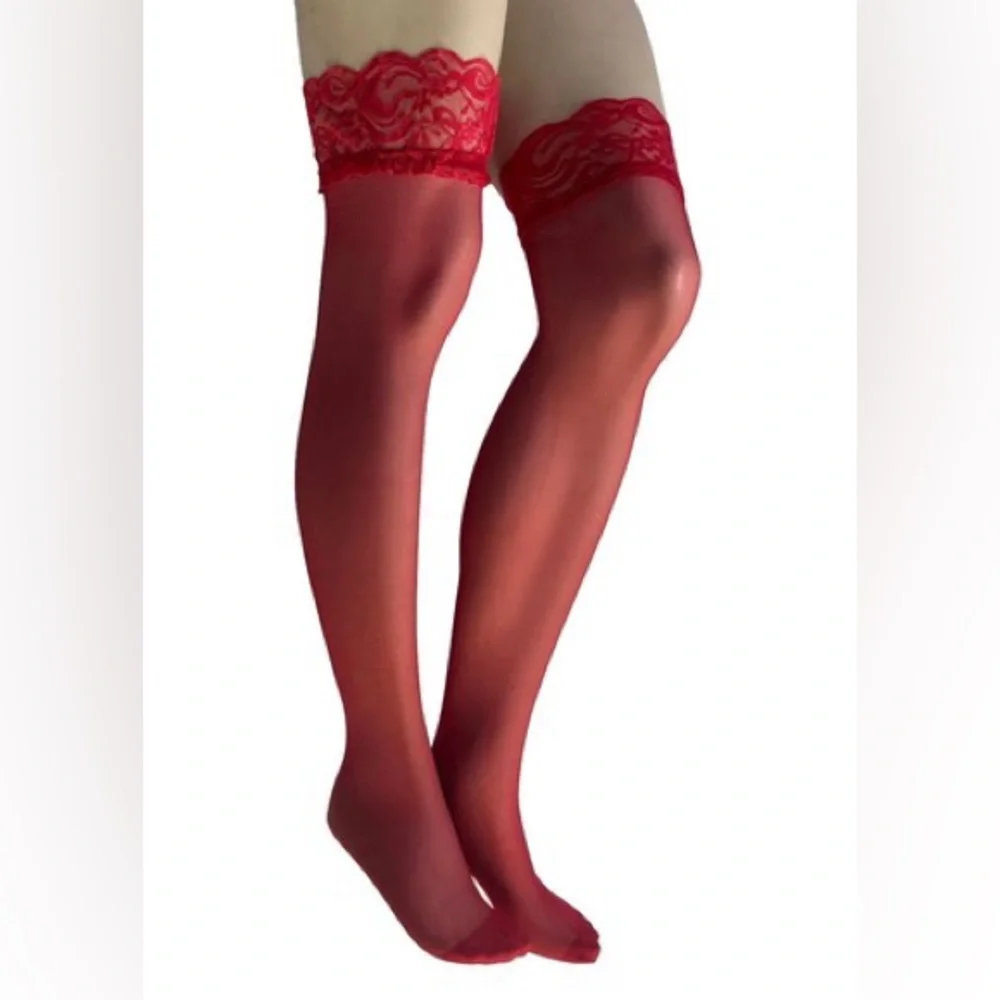 NEW Frederick’s of Hollywood Lace Top Stockings LARGE Sheer Red Nylon Stretch